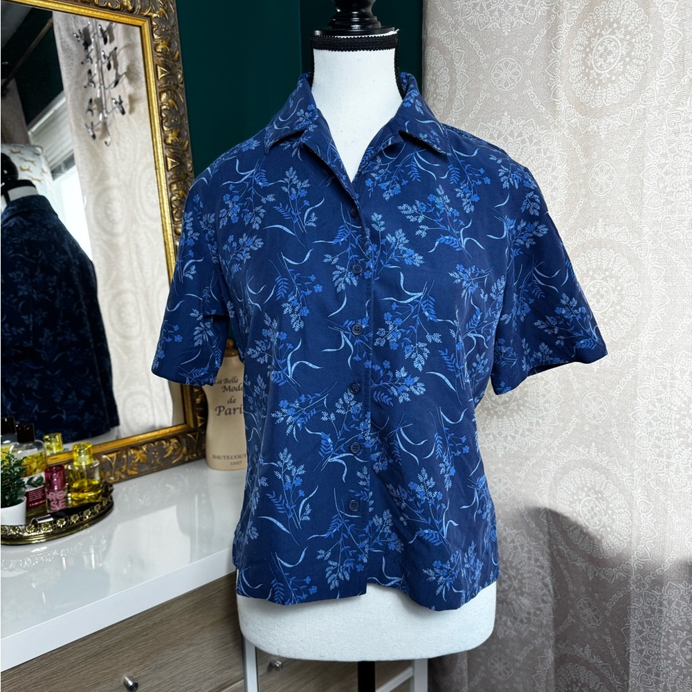 VTG Liz Claiborne Navy Floral Women’s Button Shirt Granny Chic Cottagecore
